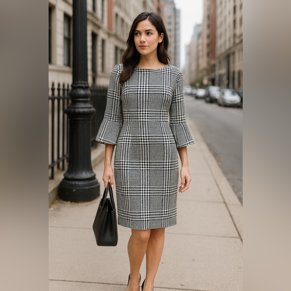 Talbots Black White Houndstooth Plaid Sheath Dress Bell Sleeve Classic Workwear